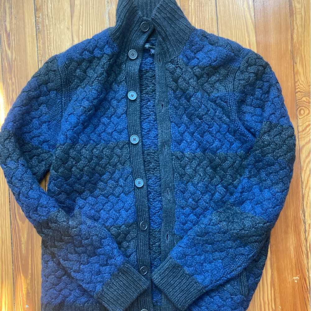 John Varvatos, mens, blue and dark grey button cardigan with pockets